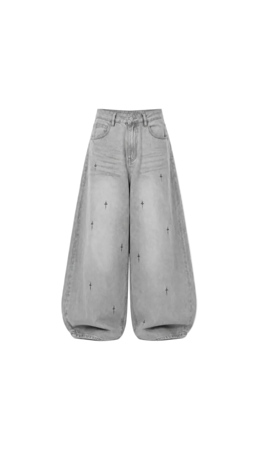 -Unisex grey Cross Print Baggy Jeans
