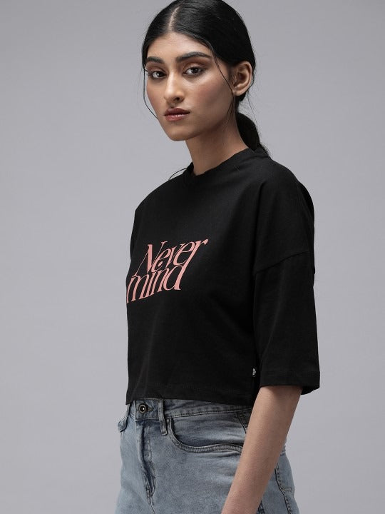 DOCACCA Women Black Red Printed Cotton Crop T-Shirt