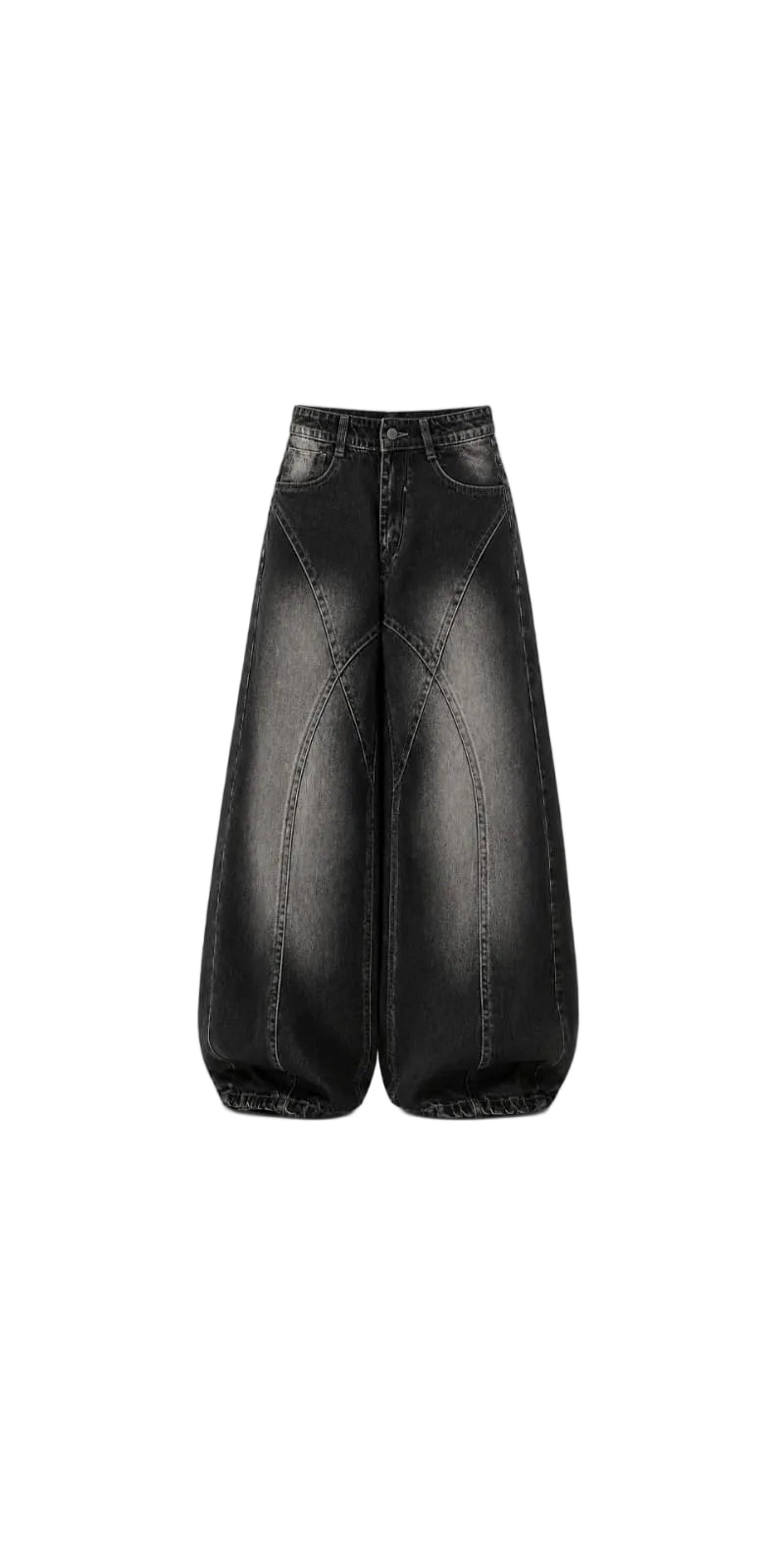 DOCACCA Unisex Black Washed Panel Stitch Balloon Baggy Jeans – Premium High Waist Oversized Wide Leg Denim Pants for Men & Women