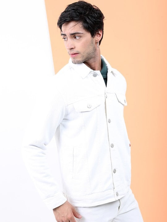 Men White Solid Denim Jacket – Breathable Summer Outerwear for Pakistani Style | DOCACCA