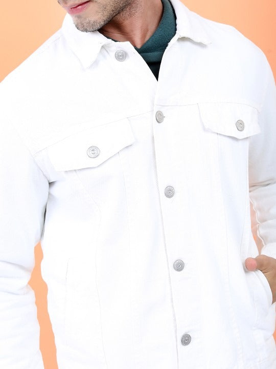 Men White Solid Denim Jacket – Breathable Summer Outerwear for Pakistani Style | DOCACCA