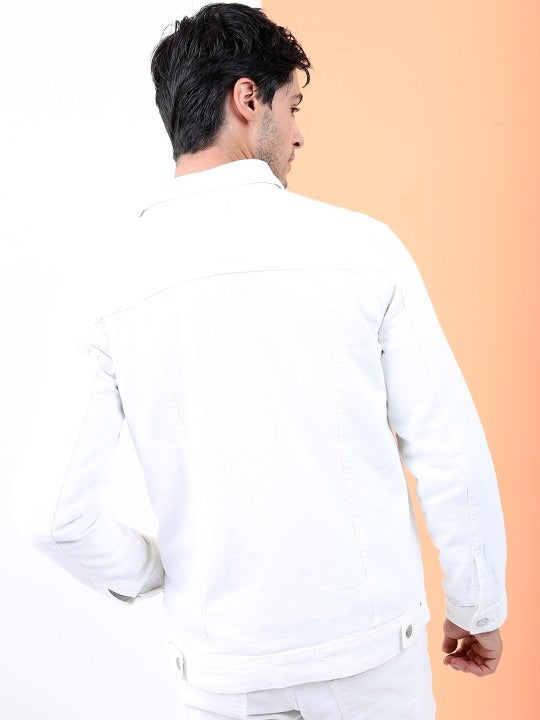 Men White Solid Denim Jacket – Breathable Summer Outerwear for Pakistani Style | DOCACCA