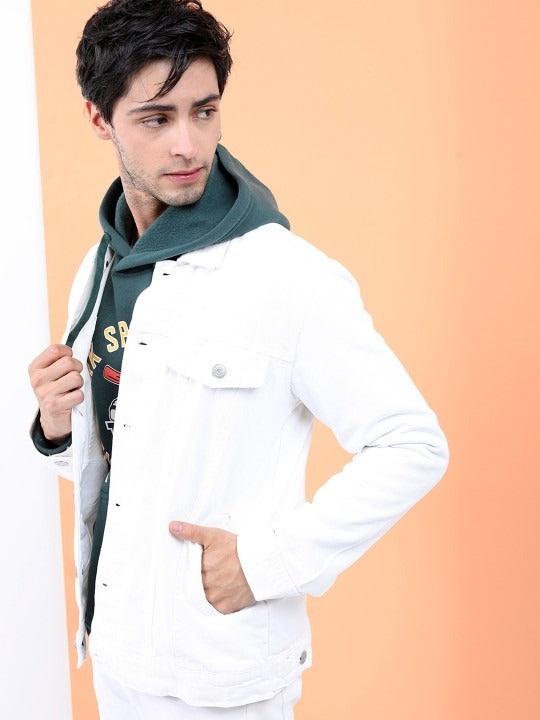 Men White Solid Denim Jacket – Breathable Summer Outerwear for Pakistani Style | DOCACCA