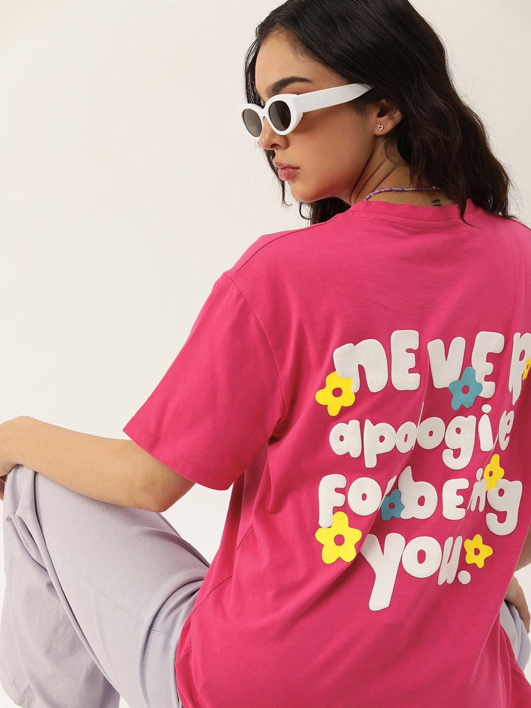 Typography Printed Longline Cotton T-Shirt Women Pakistan