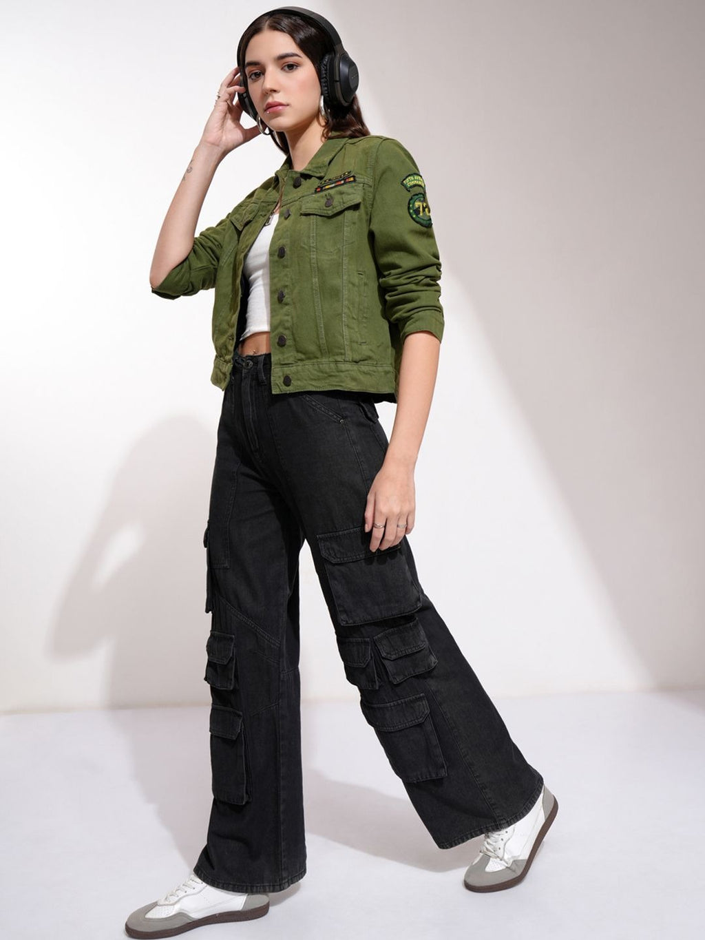 Women Olive Green Solid Denim Jacket – Trendy, Versatile Everyday Outerwear in Pakistan | DOCACCA