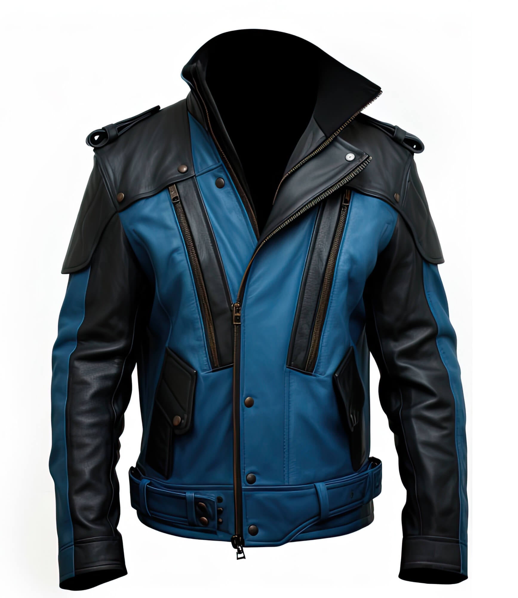 Men's Blue Black Genuine Sheepskin Shirt Collar Asymmetric Belted Elegant Fashionable Military Style Leather Jacket - Front View - Docacca