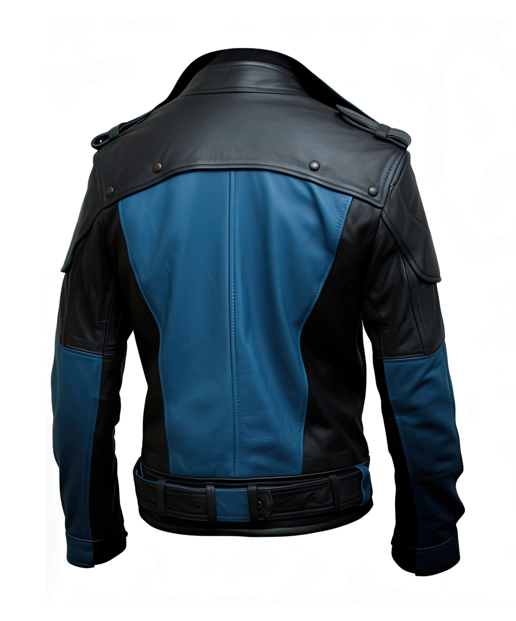 Men's Blue Black Genuine Sheepskin Shirt Collar Asymmetric Belted Elegant Fashionable Military Style Leather Jacket - Back View - Docacca