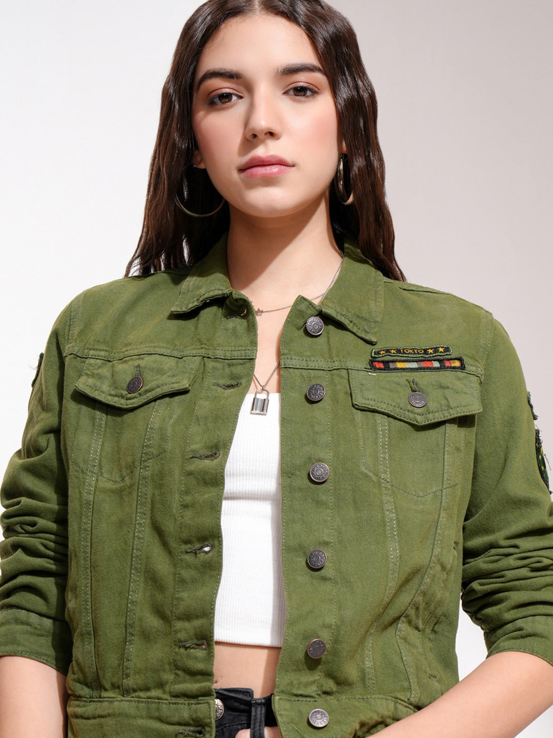 Women Olive Green Solid Denim Jacket – Trendy, Versatile Everyday Outerwear in Pakistan | DOCACCA