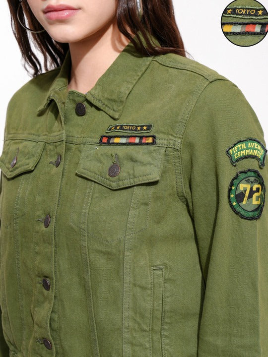 Women Olive Green Solid Denim Jacket – Trendy, Versatile Everyday Outerwear in Pakistan | DOCACCA