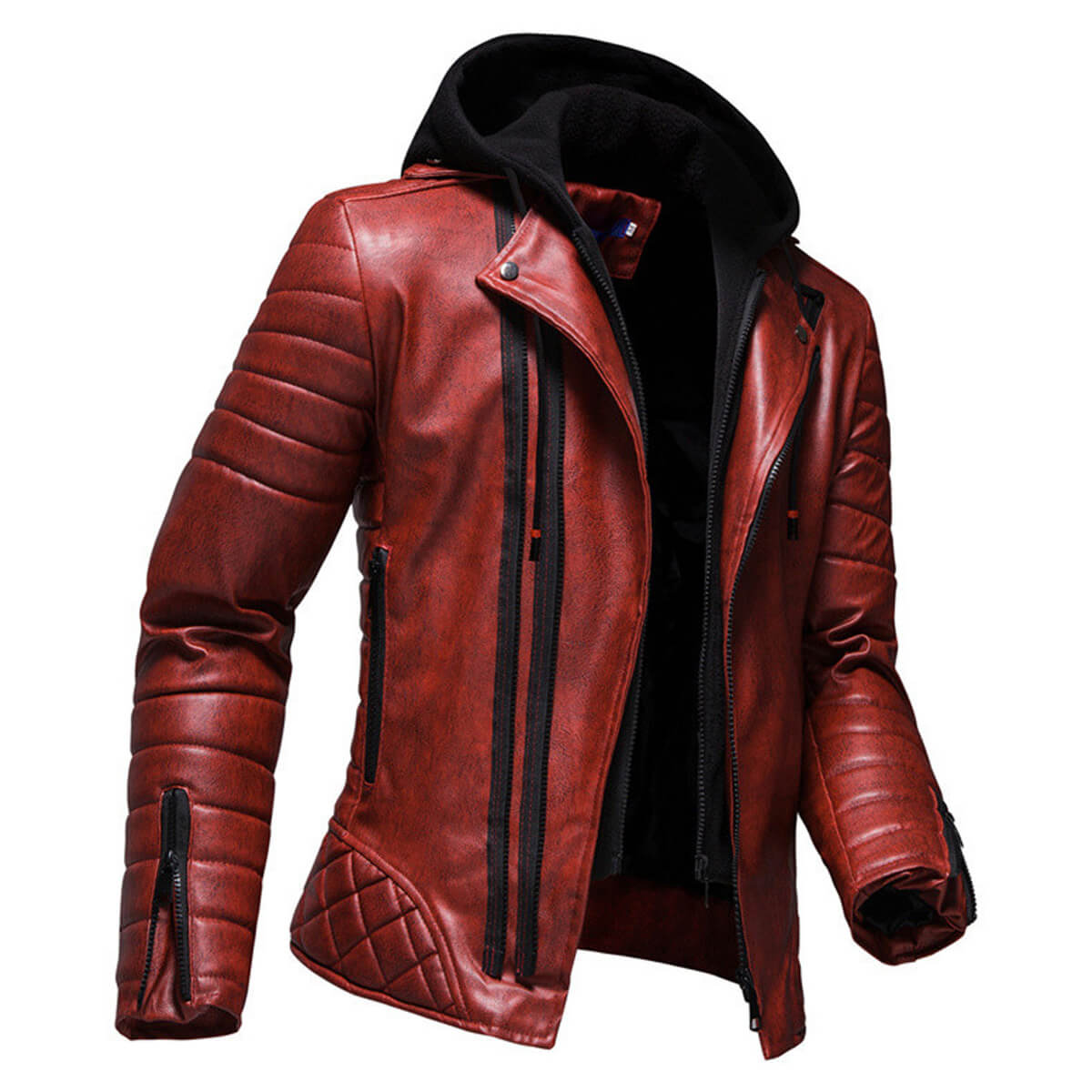 Men's Vintage Distressed Maroon Biker Genuine Sheepskin Lapel Collar Hooded Motorcycle Rider Crossover Retro Quilted Asymmetric Leather Jacket  - Back View - Docacca