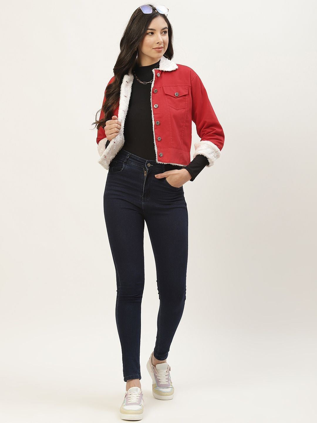 Women Red Solid Pure Cotton Denim Jacket – Stylish, Breathable Outerwear for Pakistan | DOCACCA