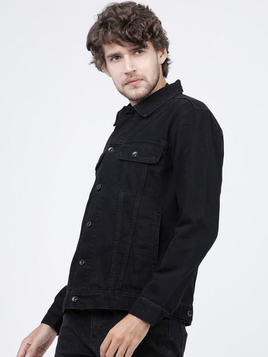 Men’s Black Solid Denim Jacket – Timeless Street Style by DOCACCA Pakistan