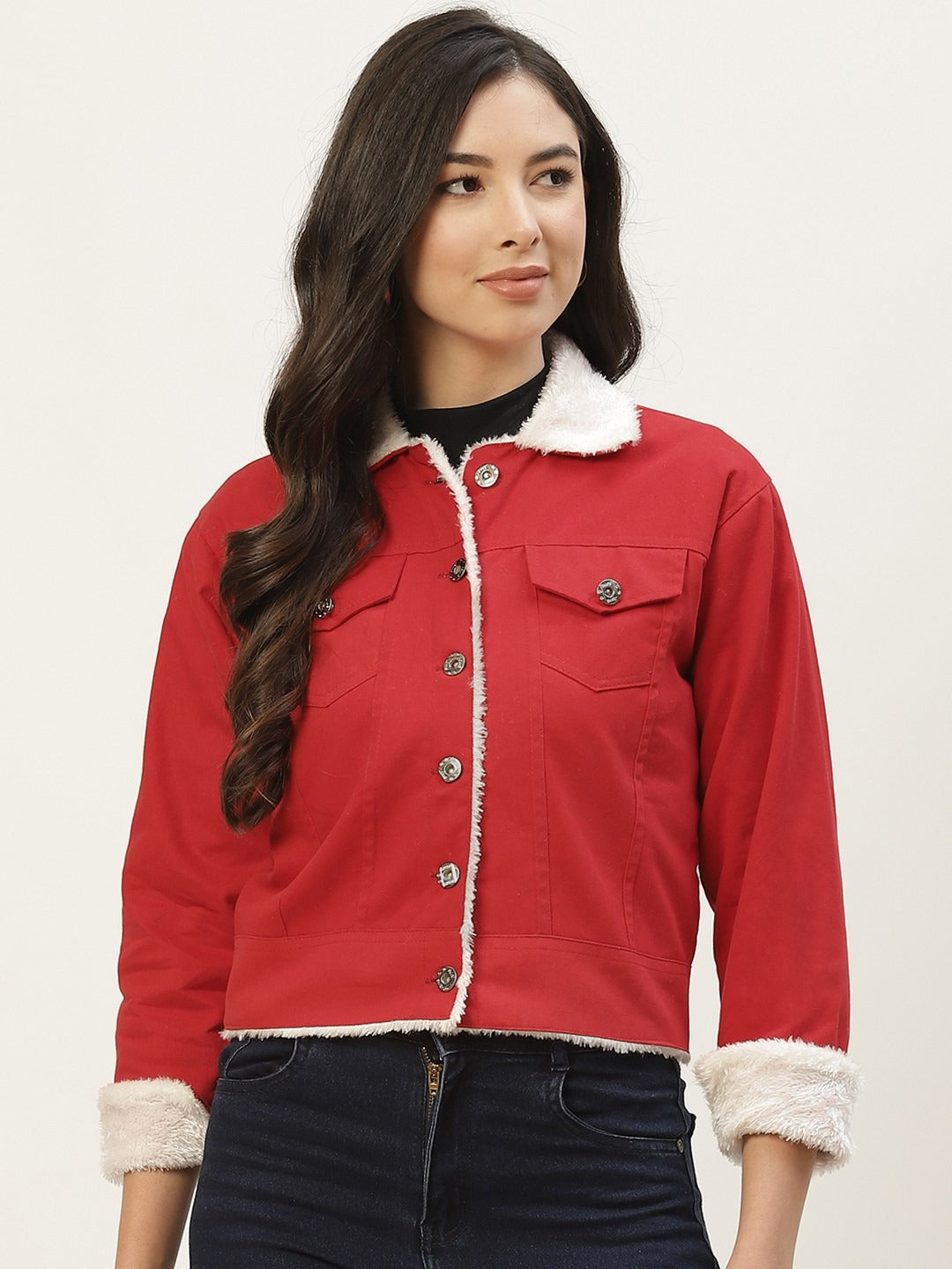 Women Red Solid Pure Cotton Denim Jacket – Stylish, Breathable Outerwear for Pakistan | DOCACCA