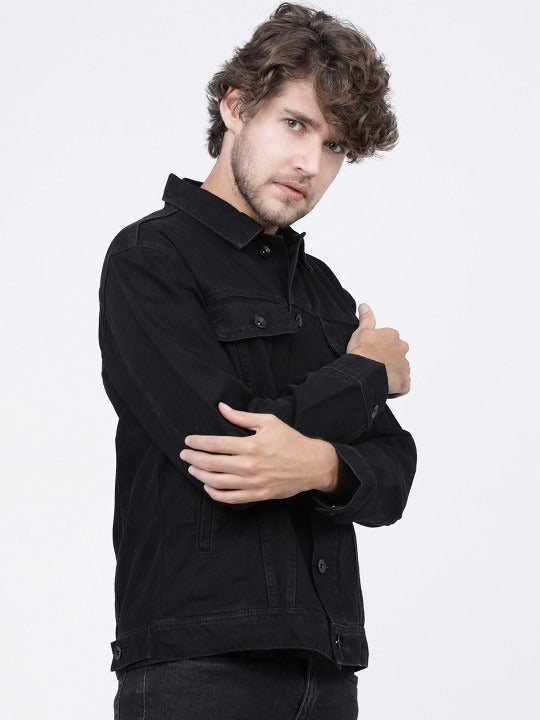 Men’s Black Solid Denim Jacket – Timeless Street Style by DOCACCA Pakistan
