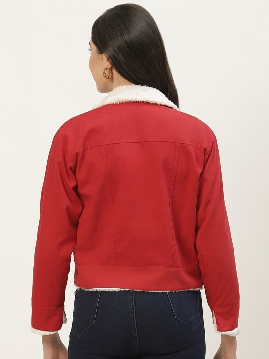 Women Red Solid Pure Cotton Denim Jacket – Stylish, Breathable Outerwear for Pakistan | DOCACCA