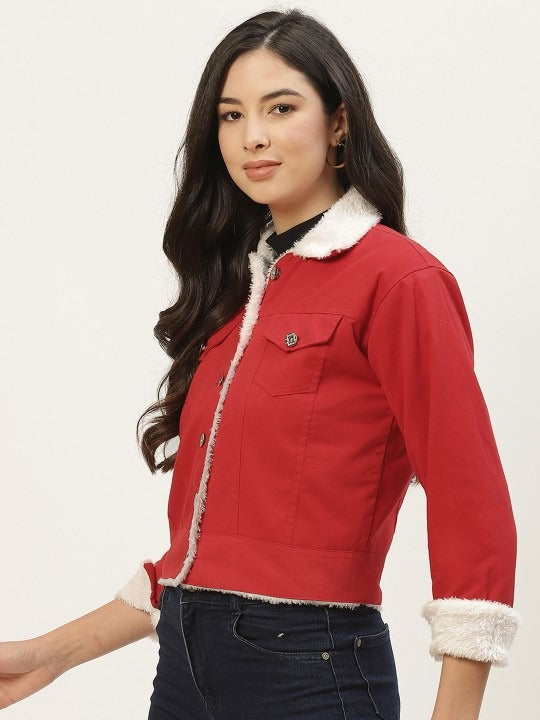 Women Red Solid Pure Cotton Denim Jacket – Stylish, Breathable Outerwear for Pakistan | DOCACCA