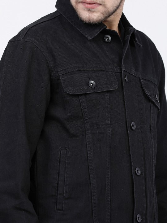 Men’s Black Solid Denim Jacket – Timeless Street Style by DOCACCA Pakistan