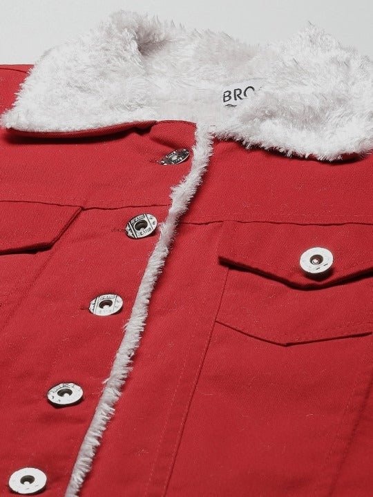 Women Red Solid Pure Cotton Denim Jacket – Stylish, Breathable Outerwear for Pakistan | DOCACCA