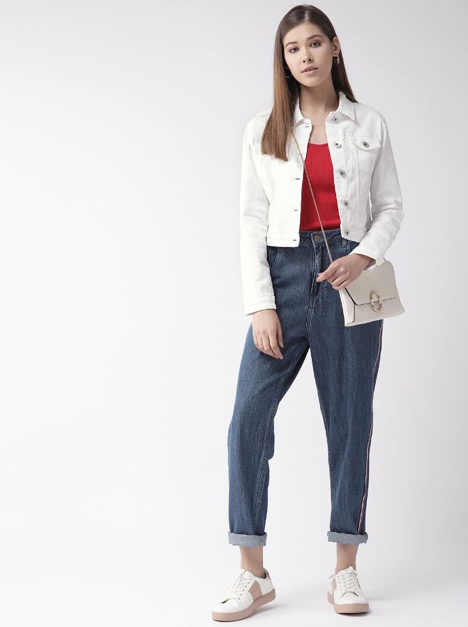 Women White Solid Denim Jacket