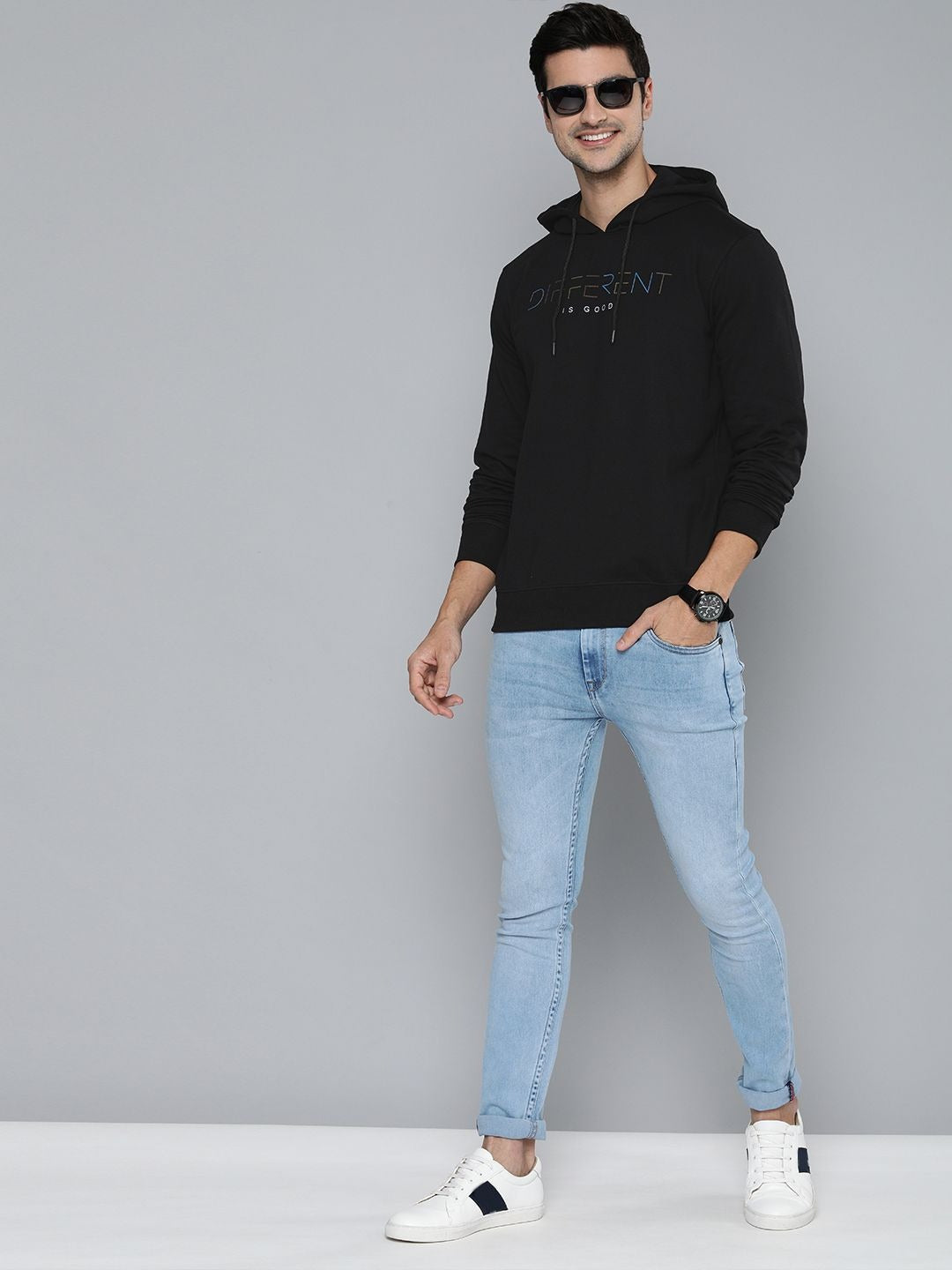 Men Black Typography Printed Hooded Pullover Sweatshirt – Stylish Cotton Hoodie for Men in Pakistan | DOCACCA