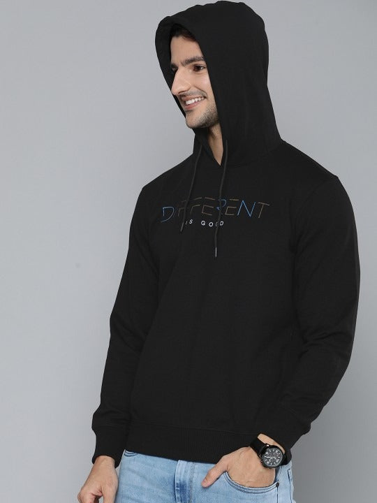 Men Black Typography Printed Hooded Pullover Sweatshirt – Stylish Cotton Hoodie for Men in Pakistan | DOCACCA