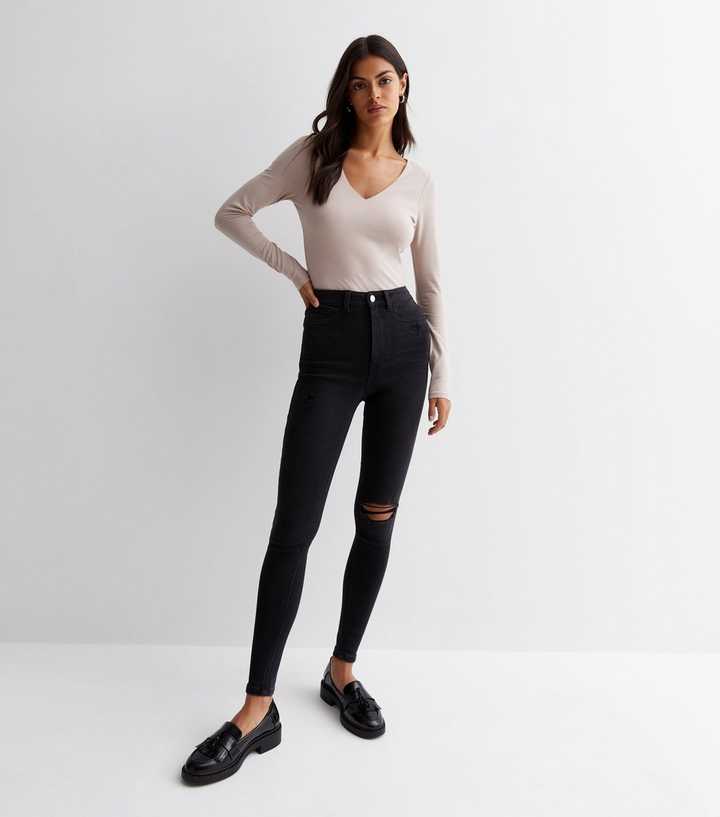 Black High Waist Ripped Knee Skinny Jeans - DOCACCA - Jeans - 