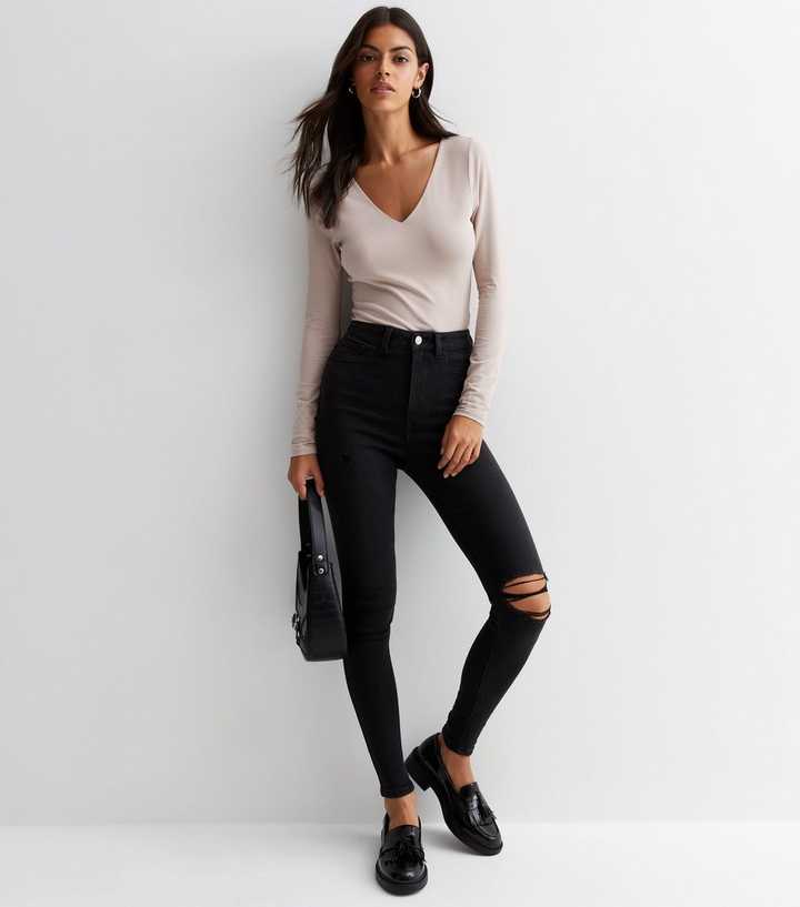 Black High Waist Ripped Knee Skinny Jeans - DOCACCA - Jeans - 