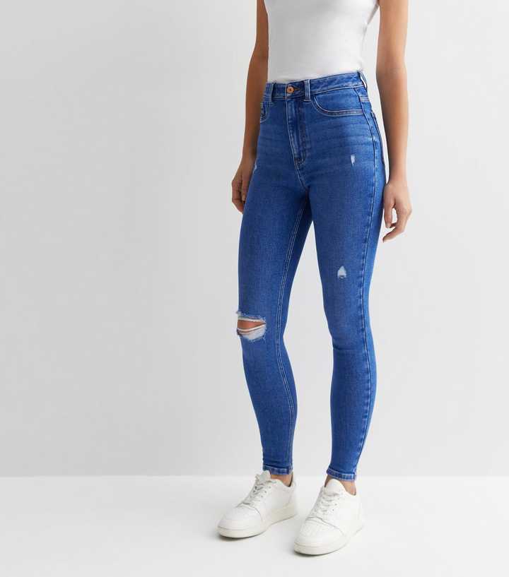 Bright Blue High Waist Ripped Knee Super Skinny Jeans - DOCACCA - Jeans - 