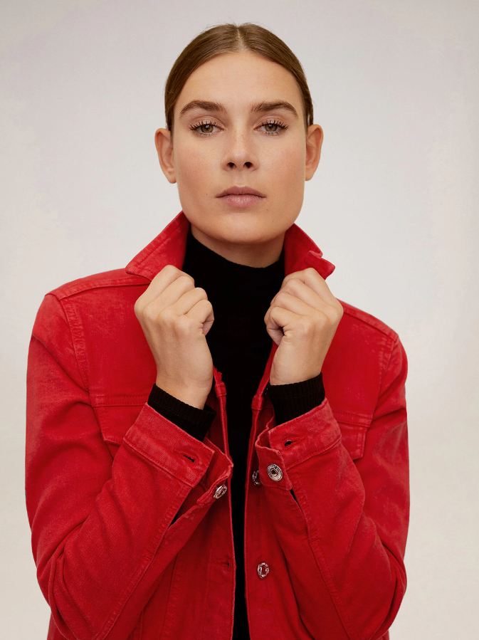 Women Red Solid Denim Jacket