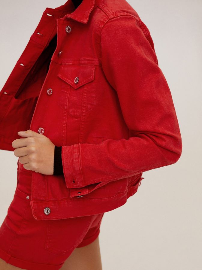 Women Red Solid Denim Jacket
