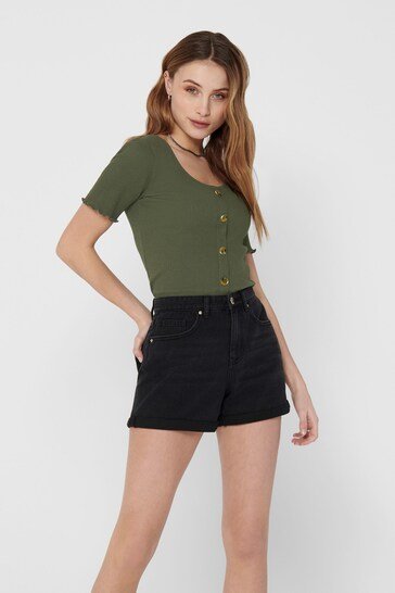 High Waisted Stretch Mom Denim Shorts - DOCACCA - Shorts & Skirts - 