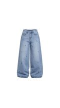 -Unisex Blue Cross Print Baggy Jeans